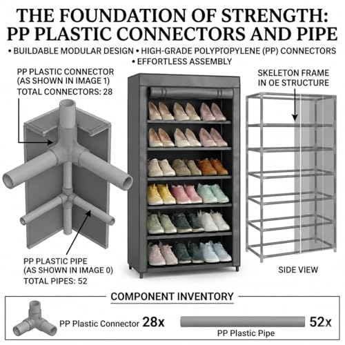 Image of Easy Buy 6 Layer Foldable Shoe Rack Organizer Grey Shoe Plastic Rack 6 Shelves Zip Door With Cover & Side Pocket |Dustproof Storage Organizer for Footwear Multi-Pair Shoe Stand with Side Pocket (Grey)