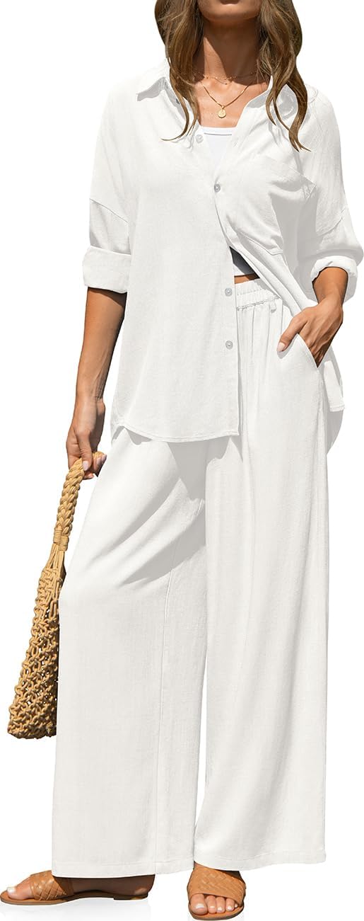 TARSE Women's Linen 2 Piece Outfits Casual Lounge Sets Long Sleeve Button Down Shirts Wide Leg Pants Vacation Set