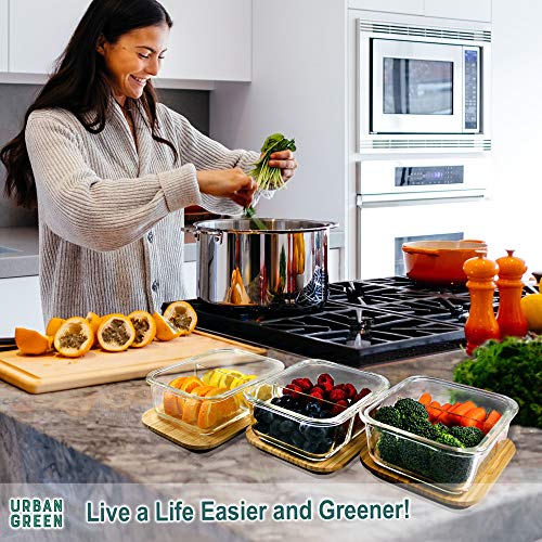 Glass Containers Bamboo Lids, Urban Green, Meal Prep Containers, Glass Food Storage Containers, 2 Compartments, Pantry And Kitchen Organizer, Lunch Bento Box, Microwave-Freezer-Oven Safe, Set Of 3, #TOP4