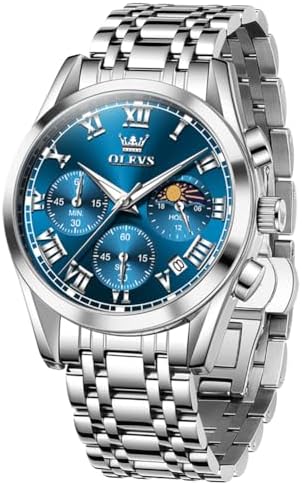 OLEVS Herren Armbanduhr mit Edelstahlarmband, Mondphase und Datum | 40 mm Herrenuhr mit Quarzwerk, Leuchtzeigern, kratzfestem Glas, 30 m Wasserschutz und Multifunktionszifferblatt