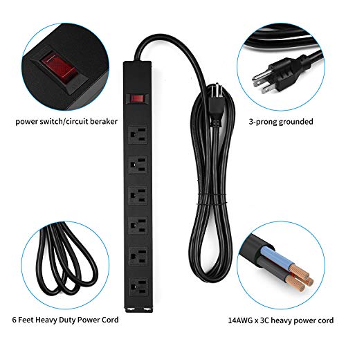6 Outlets Metal Power Strip, Wall Mount Heavy Duty Power Outlet With Switch, Aluminum Alloy House, 14Awg Power Cord, 15A 125V 1875W, Black (6 Ft) #TOP2