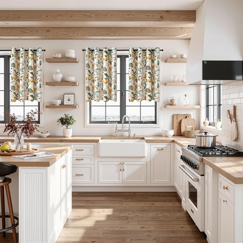 Image of Topfinel Beige Kitchen Tier Curtains 36 Inches Long Botanical Floral Hummingbird Grommet Room Darkening Half Window Drapes for Rv Cafe Basement Bathroom Dinning Room 2 Panels