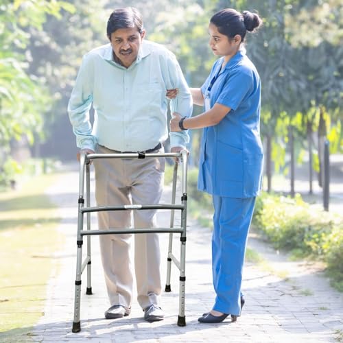 Image of EverActiv Mild Steel Height Adjustable Double Bar Folding Walker for Adults & Seniors | Grey Finish | Non-Slip Handles | Adjustable Legs | Heavy-Duty Frame