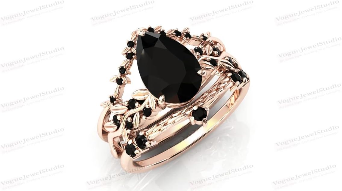 Vine Leaf Style 1 CT Black Onyx Engagement Ring Set Filigree 14k Gold Black Onyx Art Deco Wedding Ring Set Pear Shape Black Onyx Vintage Bridal Set Antique Anniversary Promise Ring Set