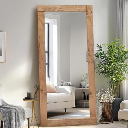 Image of 71x32in Full Length Mirror, Solid Wood Convex Frame, Light Brown