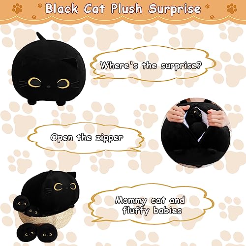 Image of TOYSYM Black Cat Stuffed Animal Mommy Cat Plush Toys with 4 Squishy Baby in Her Tummy Soft Cute Hugging Pillows for Boys and Girls