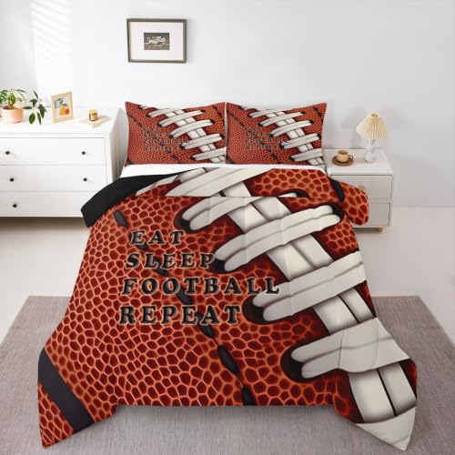 Image of Feelyou Football Comforter Set Queen Size Rugby Bedding Set for Kids Boys Girls Eat Sleep Sports Theme Duvet Quilt Bedroom Decor Microfiber 3 Pcs with 2 Pillow Cases