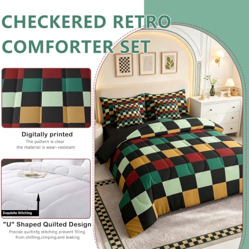Image of Checkered Retro Comforter Set With Sheets 7 Piece Twin Size Green Red Yellow Plaid Bedding Set for Kids Boys Girls Geometric Vintage Bed in a Bag Modern Simple Groovy Aesthetic Room Decor Soft