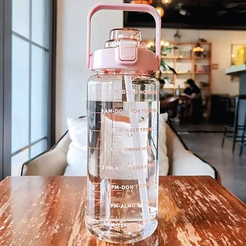 Image of 2 Litre Transparent Water Bottle with Motivational quote,Straw&Handle-Leakproof,Non-Toxic,BPA-Free for Office,School,Gym (PINK 3)