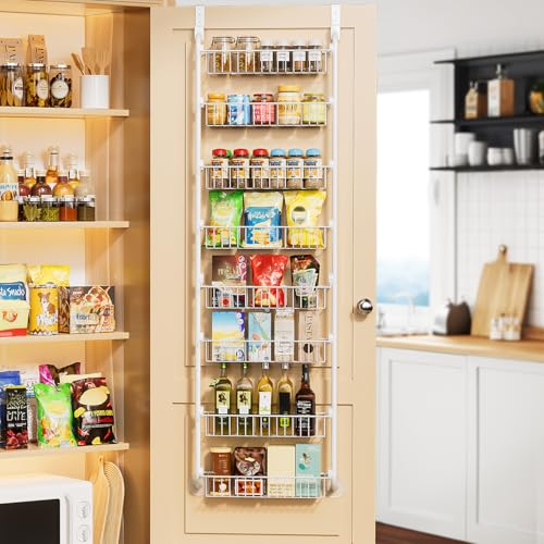 Image of Delamu Over The Door Pantry Organizer, 8-Tier Metal Pantry Door Organization and Storage for Easy Install, Hanging Spice Rack Seasoning Shelves, Door Organizer for Kitchen, 4.65 inchD x 18 inchW x 65 inchH, White