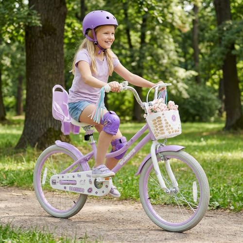 Image of Olakids Kids Bike, 12 14 16 18 20 Inch Girls Bicycle with Doll Seat Basket Adjustable Seat and Handlebar, Handbrake and Coaster Brake