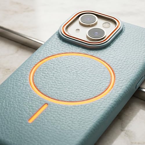 Image of amazon basics Luxury MagSafe Compatible Leather Texture Back Cover for iPhone 13 | Raised Camera Protection | Slim Fit Shockproof Case with Metallic Accents (Light Blue)