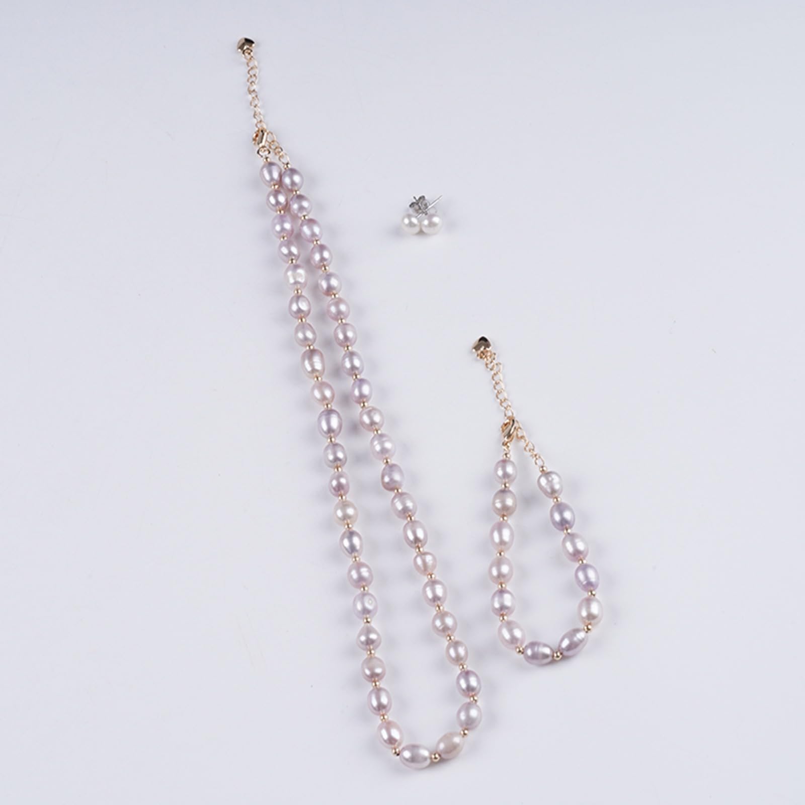 Parure di gioielli da donna con perle d'acqua dolce – collana di perle di riso naturali lavanda da 6 – 7 mm, bracciale e orecchini – accenti dorati