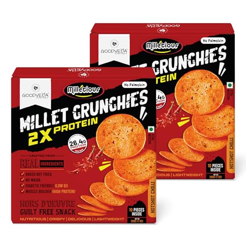 Goodveda Hotshot Chilli Millet Crunchies | High Protein, High Fiber, Low GI | Diabetic-Friendly & Diet Conscious | No Added Sugar | Wholesome Snacking with 26.40g Protein (Hotshot Chilli, Pack of 2) (B0CWH6FD8D) Amazon Price History, Amazon Price Tracker