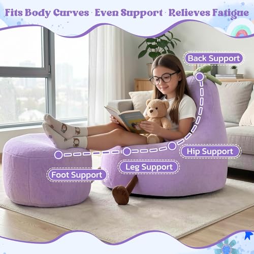 Image of 31 Inches Memory Foam Bean Bag Chair - Ultra Soft Faux Rabbit Fur Round Sofa with Handle & Machine Washable Cover, Eggplant-Shaped Kids Reading Chair for Bedroom, Living Room and Playroom, Purple