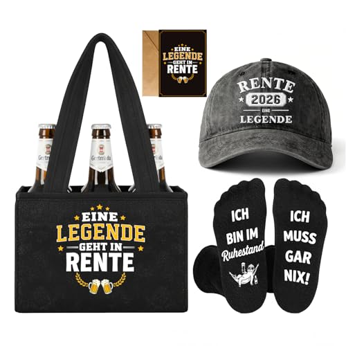 Gratitopia Geschenkset zum Ruhestand für Männer 2026 Bierträger für 6 Flaschen Baseballcap Rente 2026 Anti-Rutsch-Socken mit Silikondruck & Grußkarte Lustiges Geschenk zur Rente