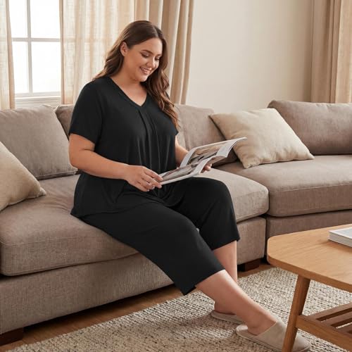 Image of Bestbee Women's Pajama Sets 2 Piece Lounge Outfits Summer Sleepwear V Neck Short Sleeve Capri Pant With Pockets Ladies Pjs
