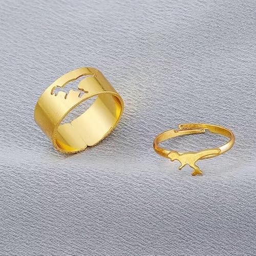 Image of Dinosaur Ring Set | 2 Pcs - Cute Tyrannosaurs & Triceratops Adjustable Couple Friendship Matching Ring, kawaii, cute, animal, cool, Friends, Rex Dinosaur Puzzle Ring (Gold)