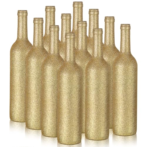 Sliner 12 Pcs Glitter Wine Bottles Glass 750ml Wine Bottles Vintage Vase for Flowers Wedding Decor Centerpiece Christmas Party Favor DIY Crafts(Gold)