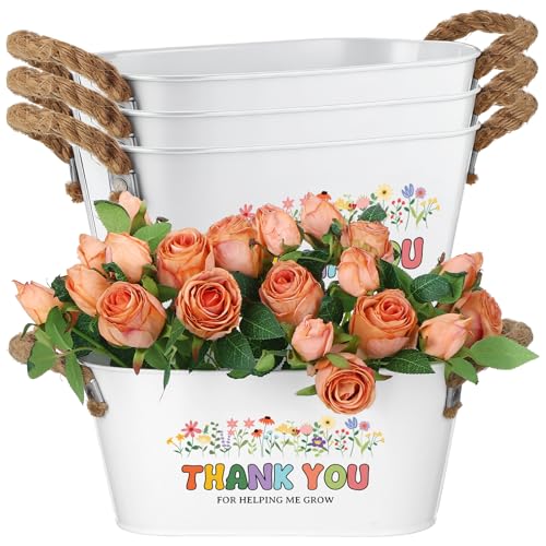 HCEWSBFD 4Pcs Teacher Appreciation Gifts Thank You for Helping Me Grow Oval Planter Metal Flower Pots with Handles Floral Arrangement Bucket Plant Holders for Plant Lover Indoor Outdoor Wedding Decor