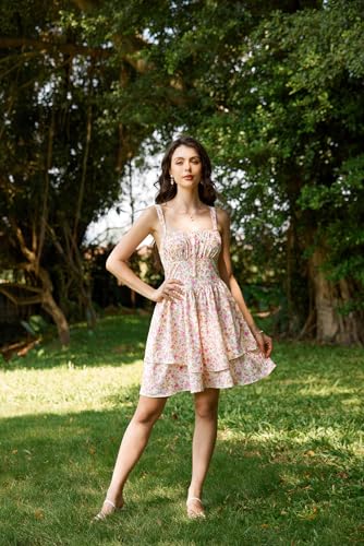 Image of Scarlet Darkness Floral Mini Corset Dress for Women Teen 2026 Summer Spring Flowy A-Line Sundress with Pockets