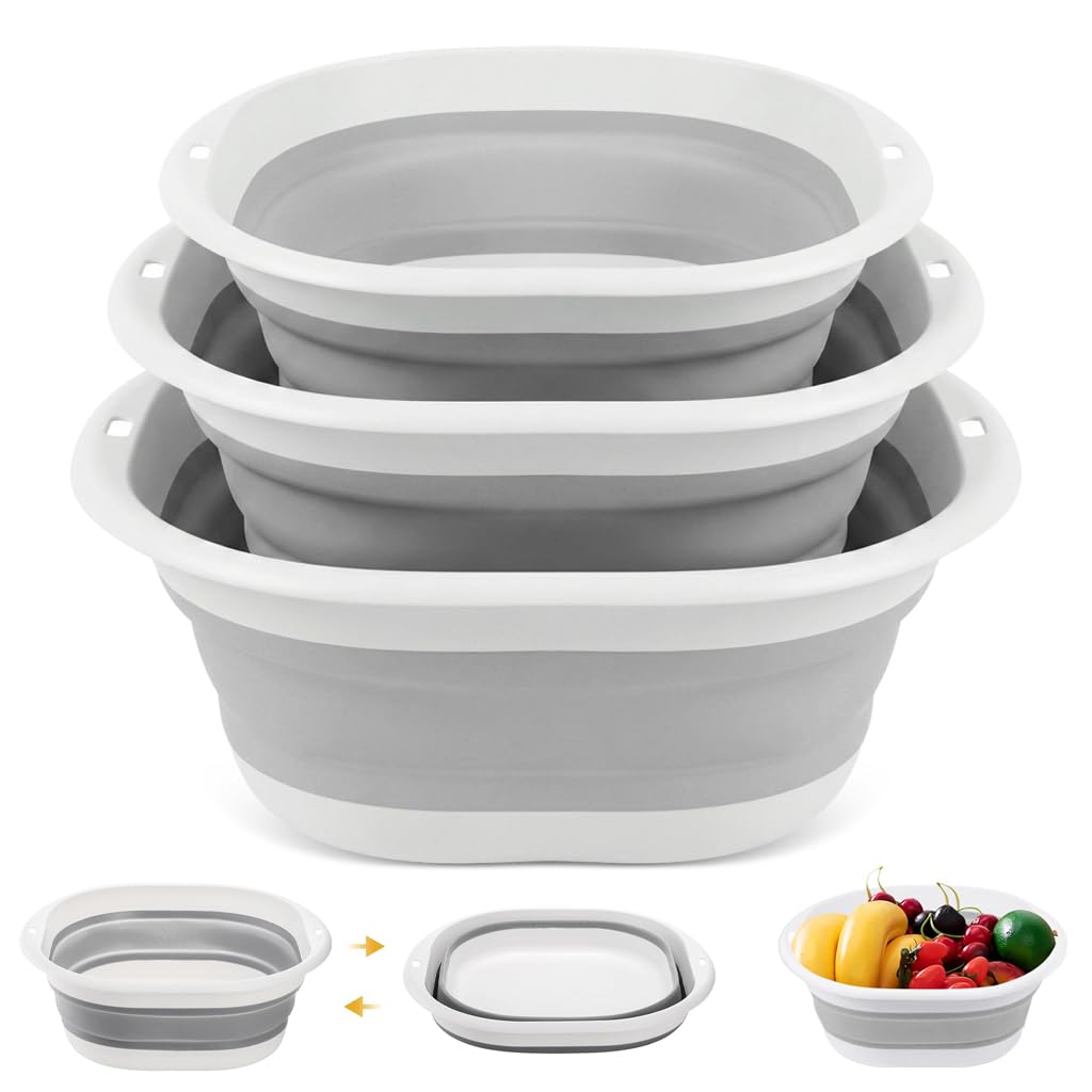 HASTHIP® Silicone Collapsible Tub Bucket Set, Portable Wash Basin for Handwash, Outdoor Basin for Washing, Foldable Bucket with Hanging Holes, Portable Sink for Washing Fruit & Vegetables (3Pcs)-image-6