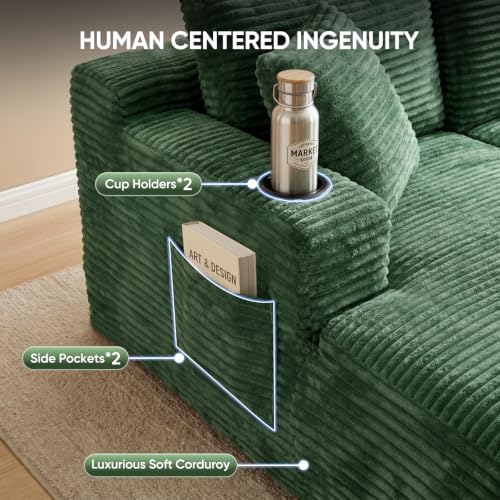 Image of Boneless Couch, 127 inch Sofas for Living Room, U Shaped Couch with Chaise | Cloud Couch Sectional with Cup Holders and Storage, Cloud Sofa with Deep Seat, Green, Corduroy, No Assembly