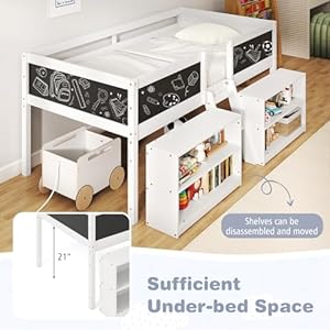 Giantex Low Loft Bed Twin Size, Wooden Loft Bed with Ladder & Blackboard, Twin Bed Frames for Kids with Storage 2 Bookcases and Under-Bed Play Space, Kids Twin Bed (White) Giantex Low Loft Bed Twin Size Wooden Loft Bed with Ladder Blackboard Twin Bed Frames for Kids with Storage 2 Bookcases and Under Bed Play Space Kids Twin Bed White