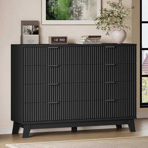 Image of BORNOON 53 inch Wide Dresser for Bedroom, 8-Drawer Fluted Chest of Drawers, Modern Wood Highboy with Metal Slides and Handles, Anti-Tip Kit, Vertical Clothes Storage Organizer for Apartment, Closet