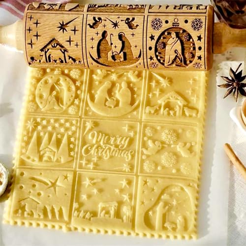 Rouleaux à Pâtisserie en Bois pour Noël, Rouleau à Pâtisserie 3D en Bois, Avec 9 Scènes Différentes pour La Cuisson de Biscuits en Relief, Rouleaux à Pâtisserie Gravés pour La Cuisson (1PCS)