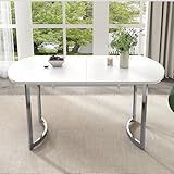 Merax Esstisch oval ausziehbar, 140/180 * 80 cm, moderner erweiterbarer Esstisch, versilberte Metallbeine, 4–6 Person, für Küche und Wohnzimmer, Weiß