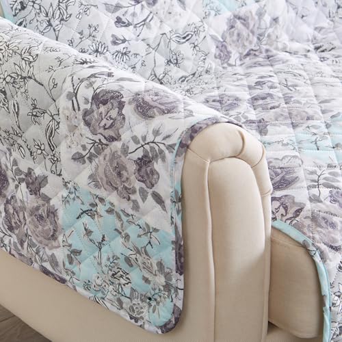 Image of Great Bay Home Reversible Floral Patchwork Chair Furniture Protector - Machine Washable, Scalloped Edge, Stain Resistant, Printed Furniture Cover for Dogs, Kids, and Pets (Gray /Aqua)