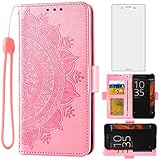 Asuwish Compatible with Sony Xperia XZ/XZs 5.2 inch Wallet Case and Tempered Glass Screen Protector Credit Card Holder Flip Wrist Strap Cell Phone Cover for Experia F8331 F8332 G8231 G8232 Rose Gold