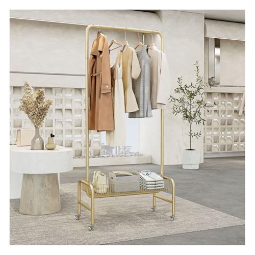Perchero con Ruedas, Perchero metálico con Cesta de Almacenamiento, Perchero móvil para Dormitorio y Boutique - Diseño Moderno en Dorado (80 x 40 x 172 cm)