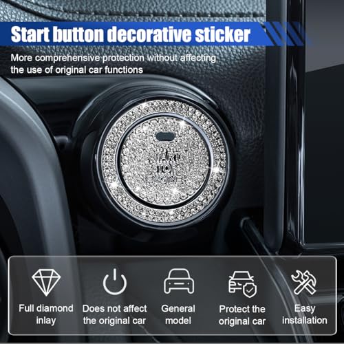 Image of KITUREK Bling Crystal Car Engine Start Ring Sticker, White2 | Rhinestone Push Start Button Decorative Cover, Anti-Scratch Key Ignition & Knob Bling Ring Car Interior Accessories for Women