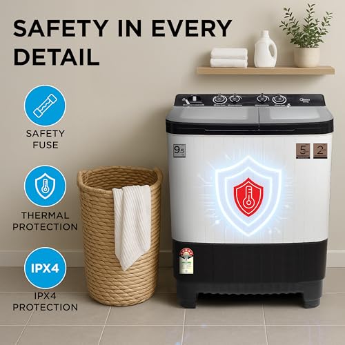 Image of Midea 9.5 Kg 5 Star Toughened Glass Semi Automatic Top Load Washing Machine Black White (MWMSA095GPG(KW) Rust proof Body with 1300 RPM)