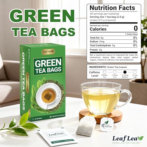 Image of LeafLea Green Tea Bags, Pure Single-Ingredient Green Tea Leaves, 40 Count