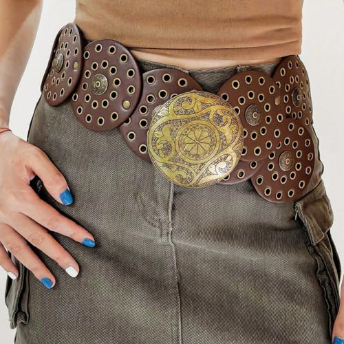 Wide Disc Belts for Women Concho Leather Disk Link Belt Boho Western Waist Belts for Dress3