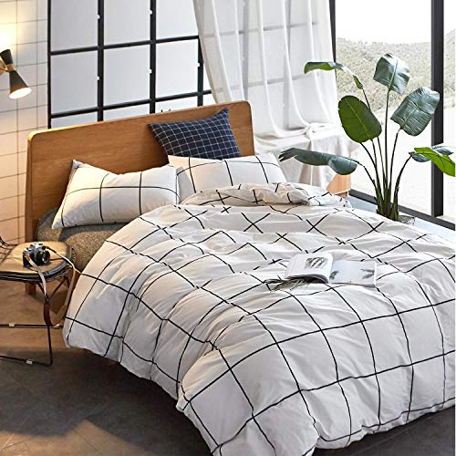 Image of KAREVER White Grid Comforter Set Big Grid Queen Cotton White Black Plaid Printed Stripes Women Checkered Queen Comforters Bedding Set Bed Blanket Set White Plaid Comforter
