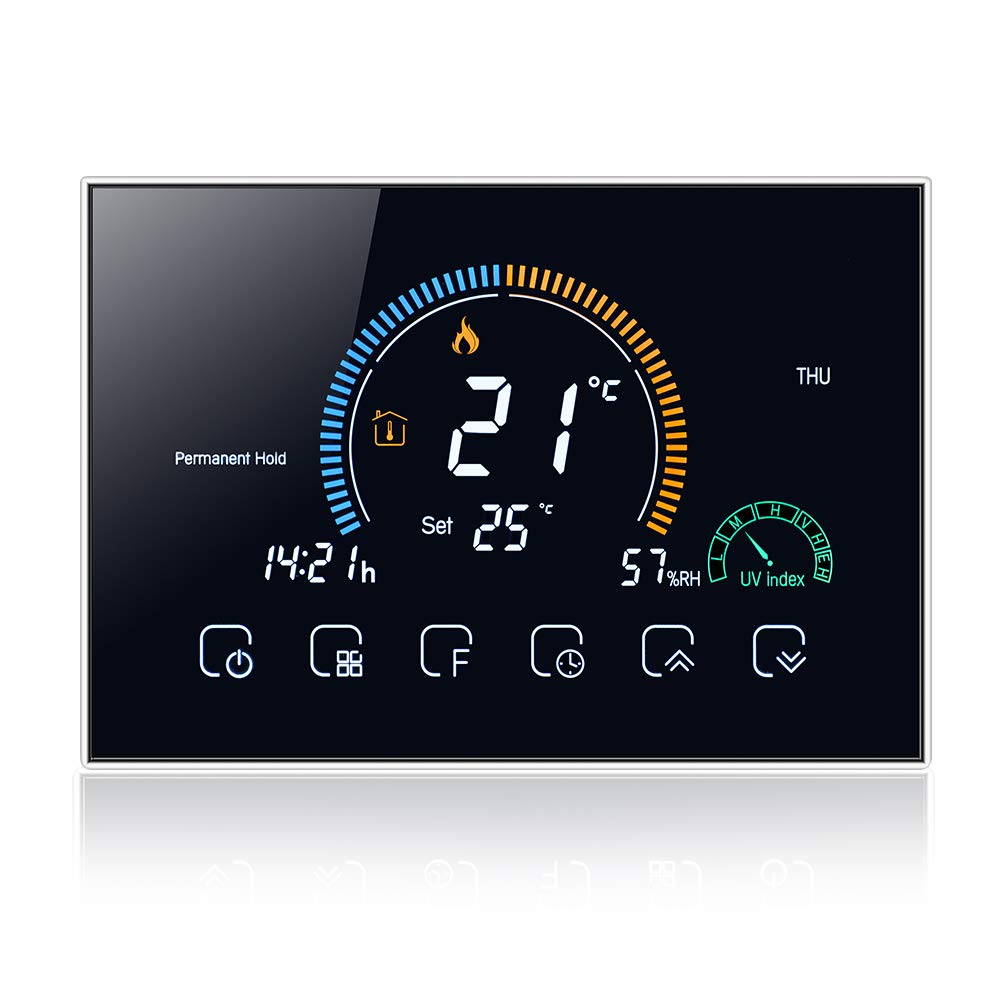 Qiaoxipan Black Wifi Smart Thermostat Alexa-Digital Room Boiler Heating Thermostat Controller Wireless,Wall Mounted Programmable Temperature Controller,Weather,Uv Index,Humidity Hisplay,5A