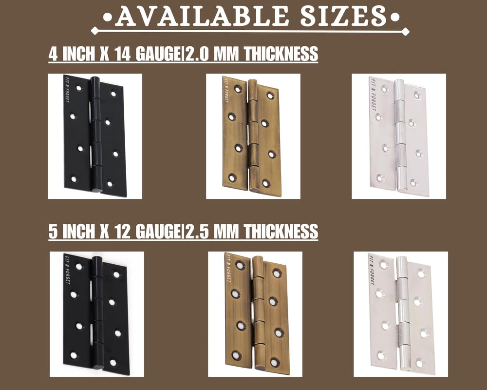 FIT N FORGET Heavy Stainless Steel Black Finish Door Butt Hinges 4 inchx14 Gauge|2.0 mmsoft Movement kabza for Door,Home,Office,Hotel,Main Room(Pack of 12) 4