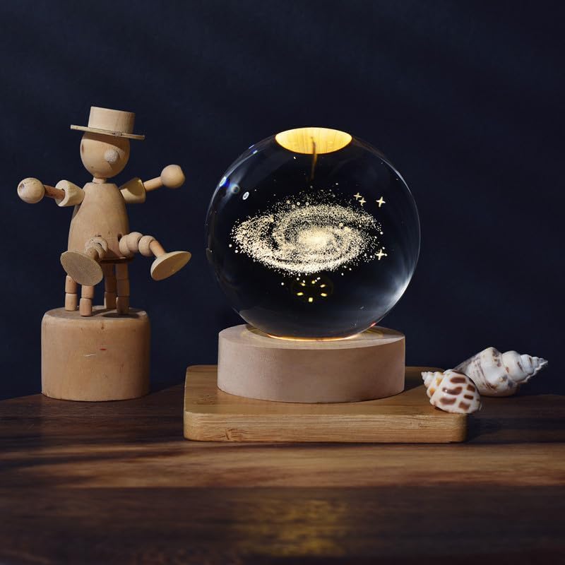 Image of 3D Galaxy Crystal Ball Night Lamp, Creative Engraved Crystal Ball Night Light, USB Table LED Wooden for Home Office Decoration Birthday Gift Adults (Galaxy)(Warm White)