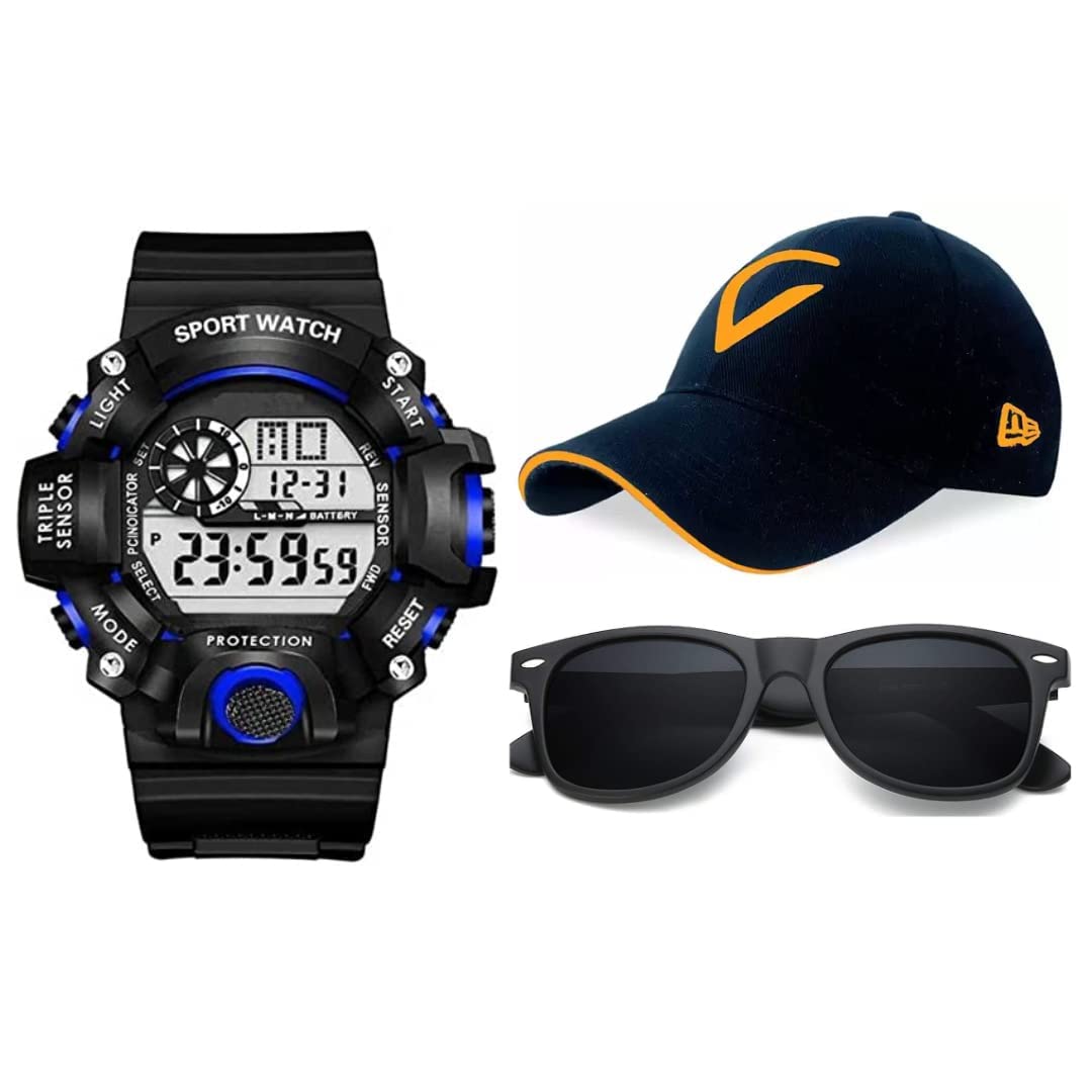 SELLORIA Digital Sports Watch, Multi-Functional Watch for Boys & Men with Cap and Sunglasses, Combo Pack of 3 (Blue) (B0B7J76FWH) Amazon Price History, Amazon Price Tracker