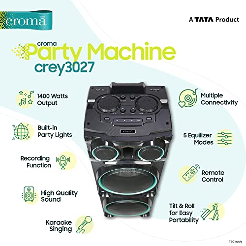 Image of Croma Explode 1400W Party Speaker, Party Lights, Horn Tweeters, Bass Booster Function, Inputs: Bluetooth, FM, USB-A, SD Card, Wired Microphone, Guitar Input, Aux-in, Recording Function, Echo Function, 5 EQ Modes, Wheels for Portability (CREY3027, Black)