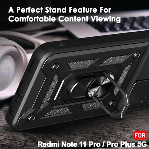 Image of TheGiftKart Tough Armor Bumper Back Cover Case for Mi Redmi Note 11 Pro /Pro Plus 5G | Kickstand & Ring Holder | 360 Degree Protection Back Cover Case (PC & TPU, Sliding Camera Cover, Black)