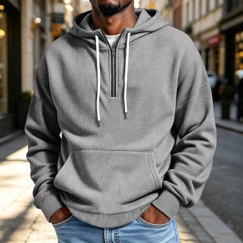 Waffle Knit Hoodie for Men Quarter Zip Pullover Long Sleeve Sweatshirt Gray - image 2