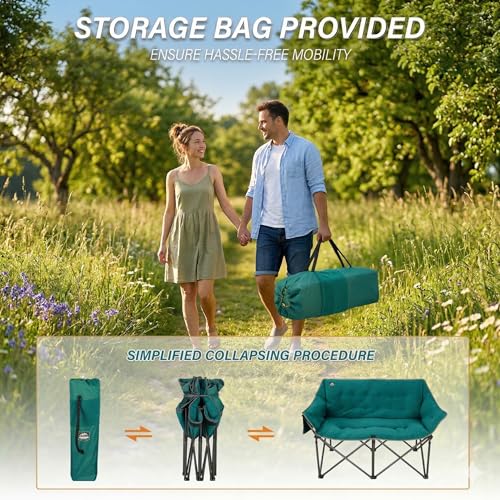 Sillones Dobles Plegables Oversized para Camping LANMOUNTAIN, Soporta 600 lbs, Cómodos para Adultos, Bolsillo de Malla, Forro de Felpa, Verde Oscuro miniatura 5