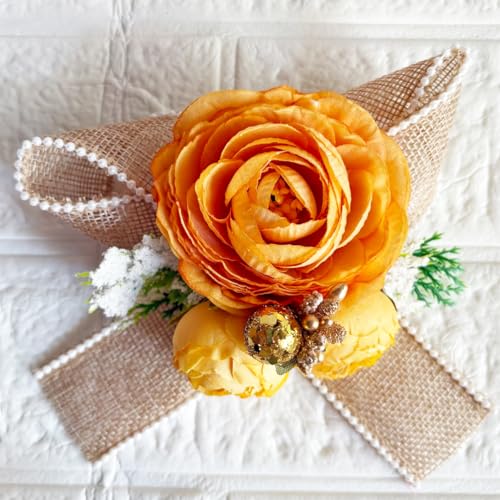 Image of ADIKALA Handmade Artificial Big Peonies 3 Flower Bunch for Trousseau Packing, Ready to use Flower Brooch Hamper for Decoration, Gift Wrapping Flowers (3, Orange Jute)