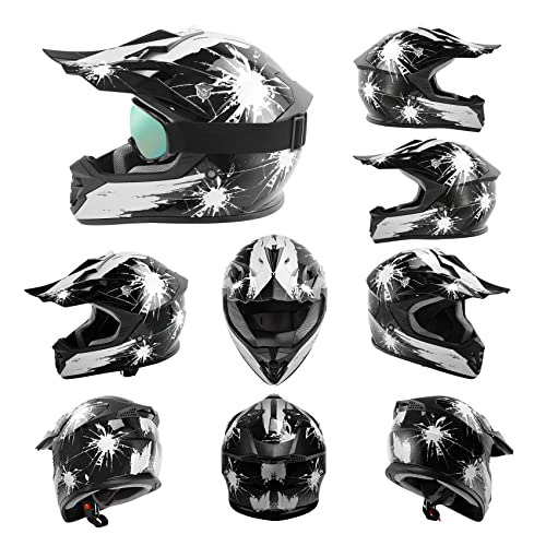 Image of XFMT Youth Dirt Bike Helmet DOT Kids Full Face Helmet for Motocross ATV Off-Road Street Bike Four Wheeler with Goggles & Gloves, Black White Firework Small