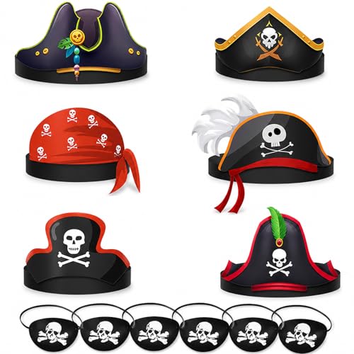 Gleemix 12 Stück Piraten Deko Kindergeburtstag Halloween Piratenhut Kinder Augenklappe Pirat Papier Maske für Piratenparty Geburtstagsdeko Halloween Maskenball Karneval Fasching Verkleidung
